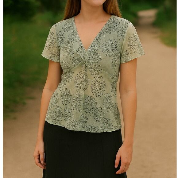 Vintage Y2K Floral Swirl Sage Green Top Small Soft Grunge Semi Sheer Cottagecore - Picture 1 of 8
